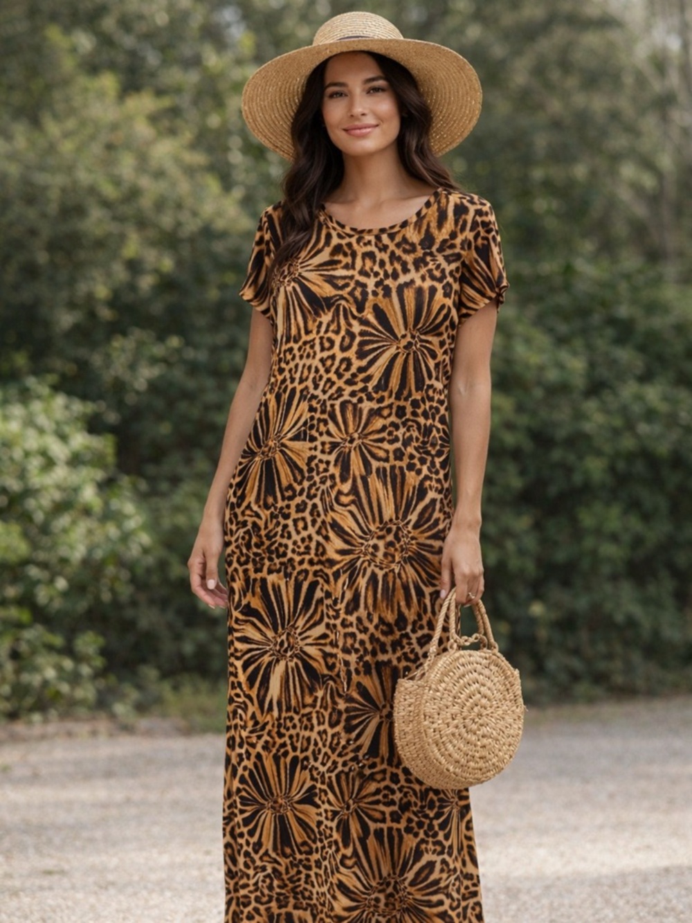 Short Sleeve Maxi Dress in Tan and Black Animal Floral Print